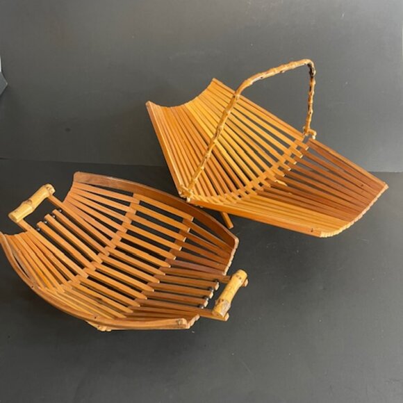 Set of  2 Vintage Mid-Century Bamboo Teak Folding Fruit Bowls w/ Handle, 1950s - Picture 9 of 9